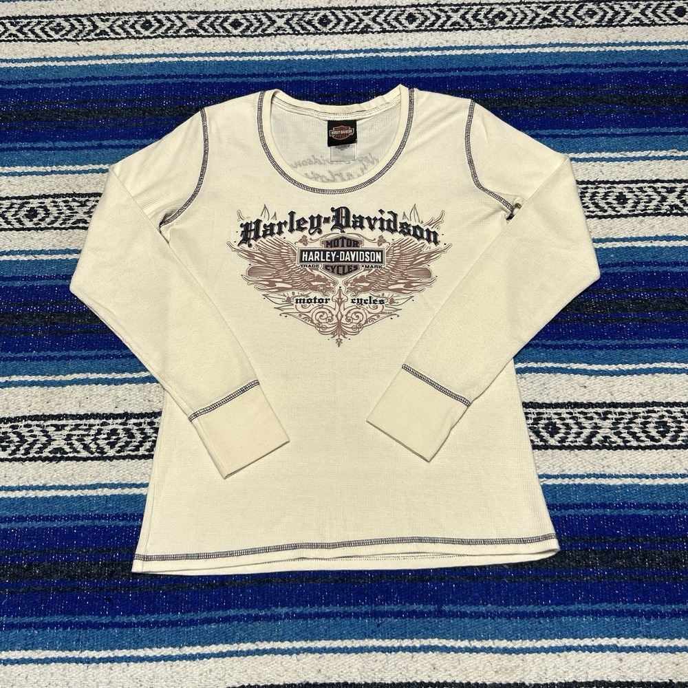 Harley Davidson Women's Large Thermal Long Sleeve Shirt Eagle Rhinestone USA